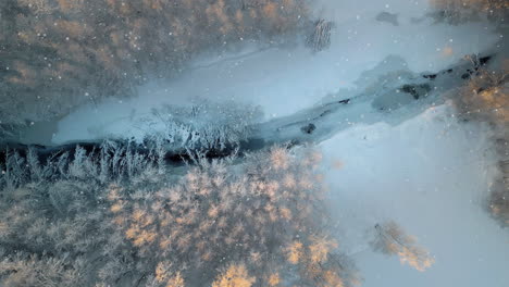 a snowy landscape at dusk, river cutting through frosted trees, aerial view, copy space title