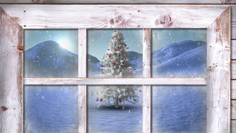 Animation of snow falling and christmas tree in winter scenery seen through window