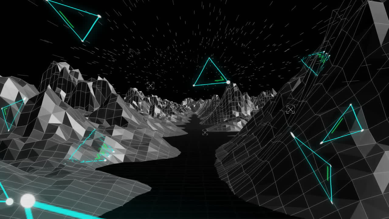 Animation of triangles over digital mountains on black background