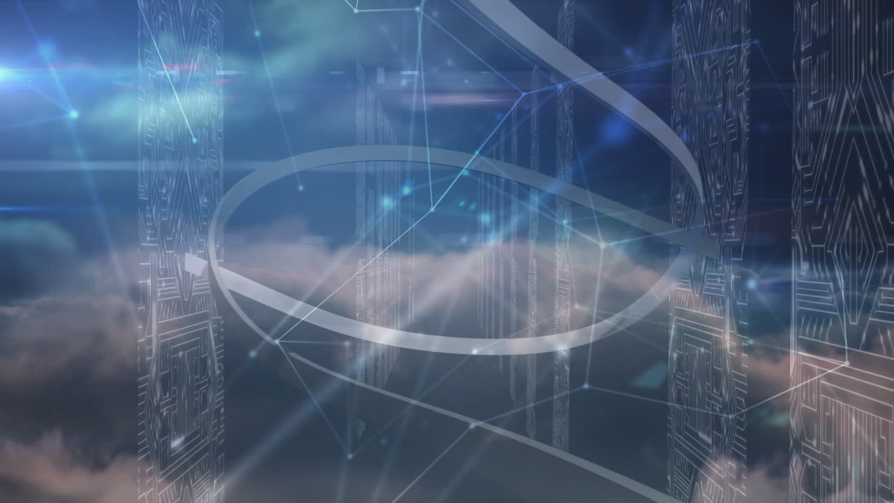 리본, 연결 및 클라우드의 애니메이션은 서버의 집적 회로를 통해