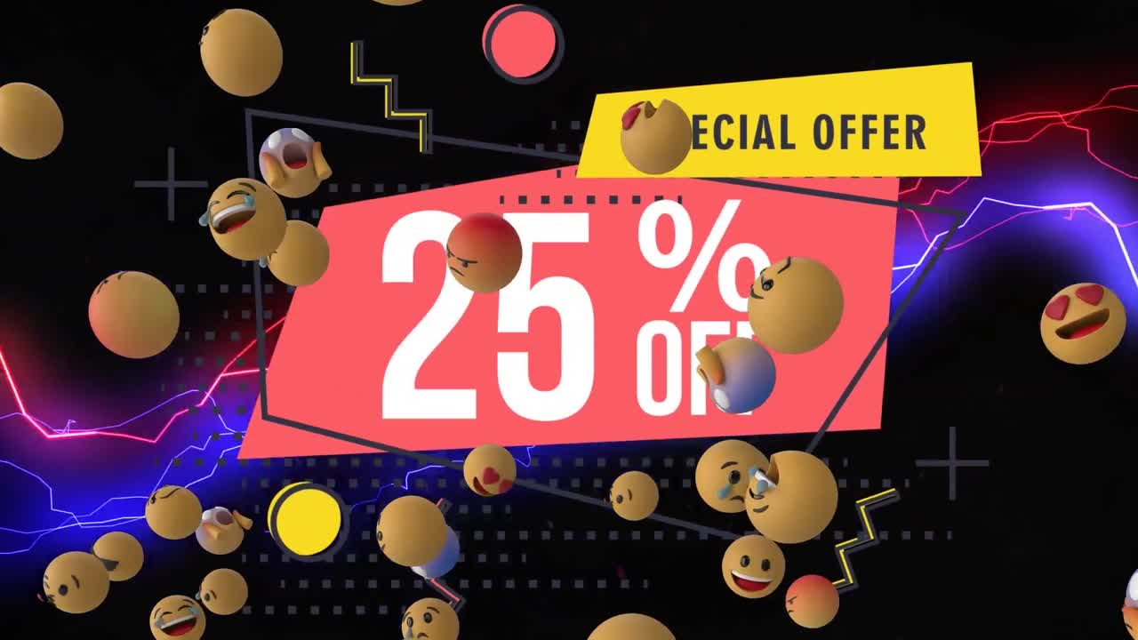 얼굴 이모티콘이 25% 판매 텍스트 배너에 대해 떠다니고 파란색과 빨간색 천둥 효과