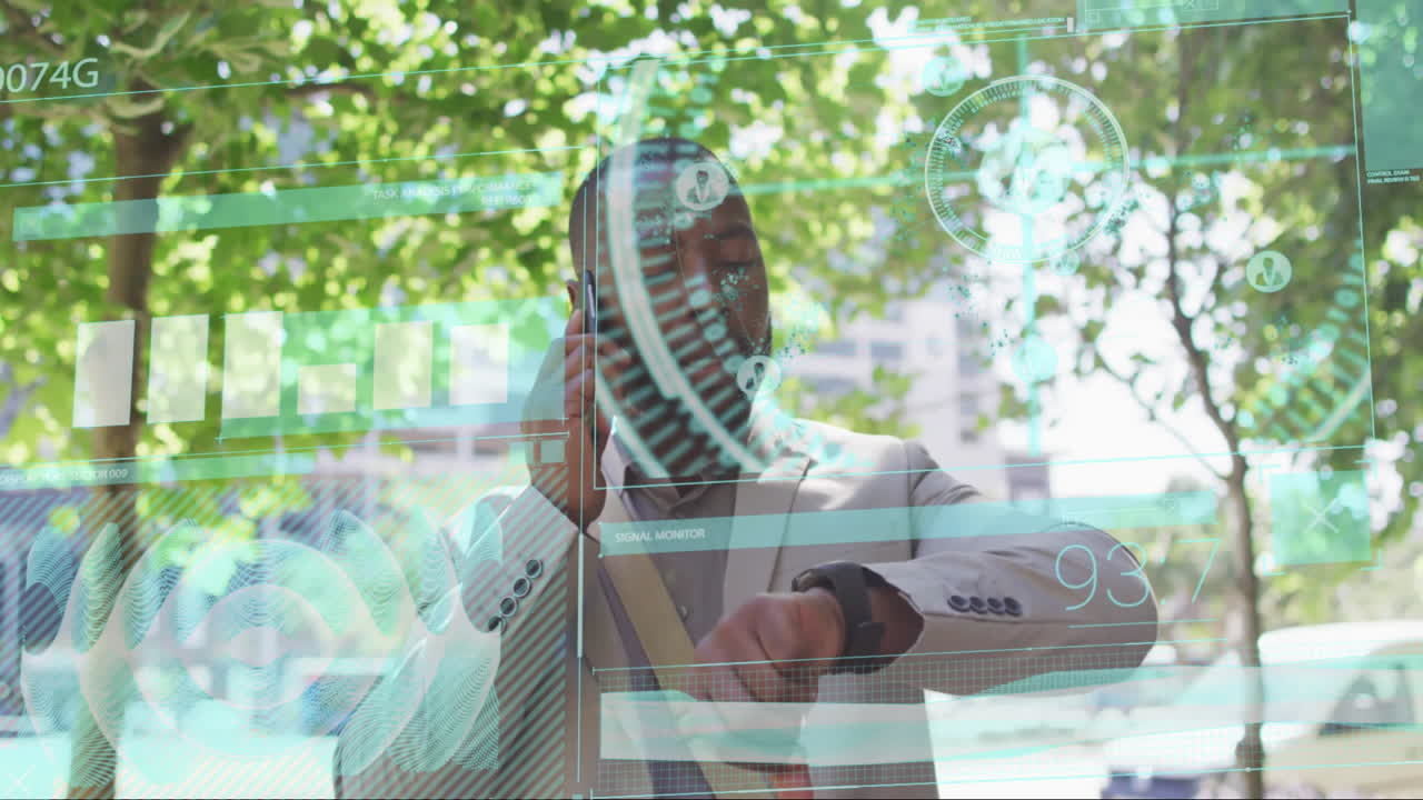 Male executive making call while checking smartwatch outdoors, showing circular tech charts