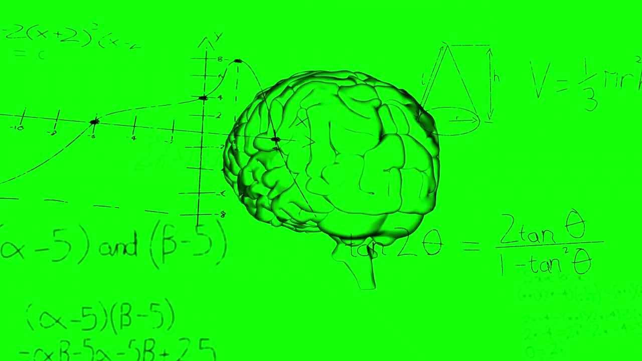 Animation of mathematical equations and diagrams over human brain against green background