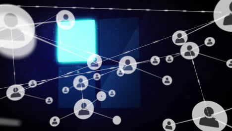 animation of connected user icons over blue and black background