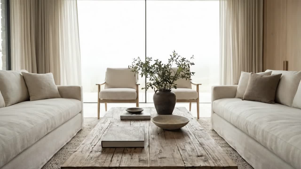 Moderní minimalistický interiér obývacího pokoje s neutrálními tóny a velkými okny