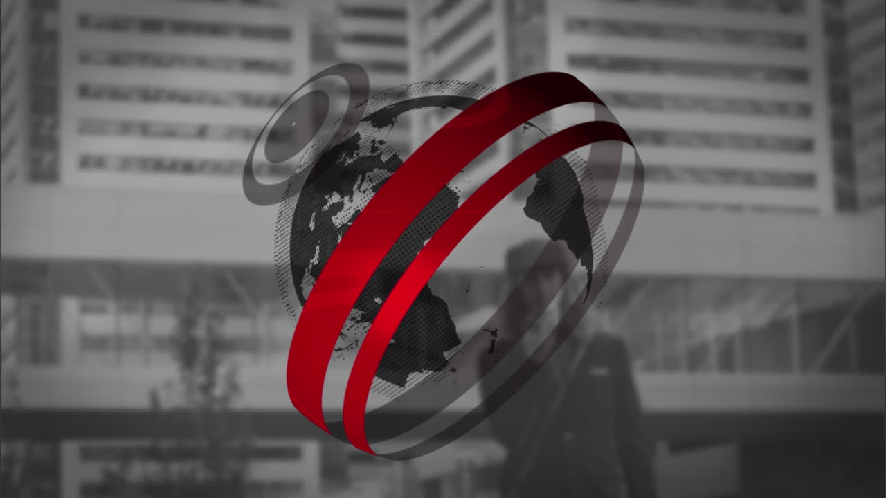 Animation of globe over caucasian man talking on smartphone and cityscape