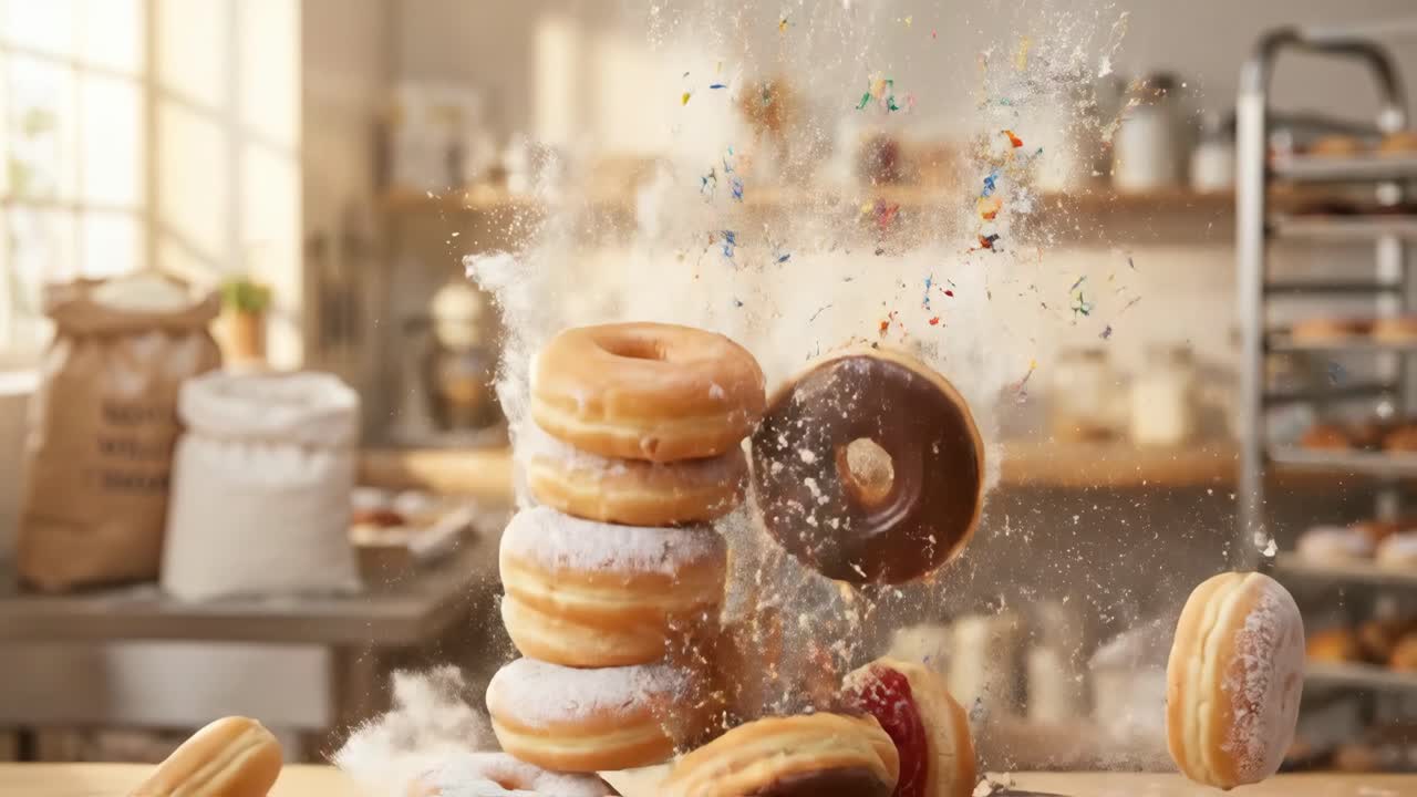 Ciambelle assortite che cadono ed esplodono con codette in una pasticceria