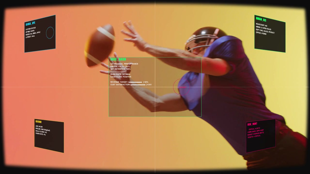 Incoming football initiating player lunging, catching, tucking ball to intercept, HUD staying fixed