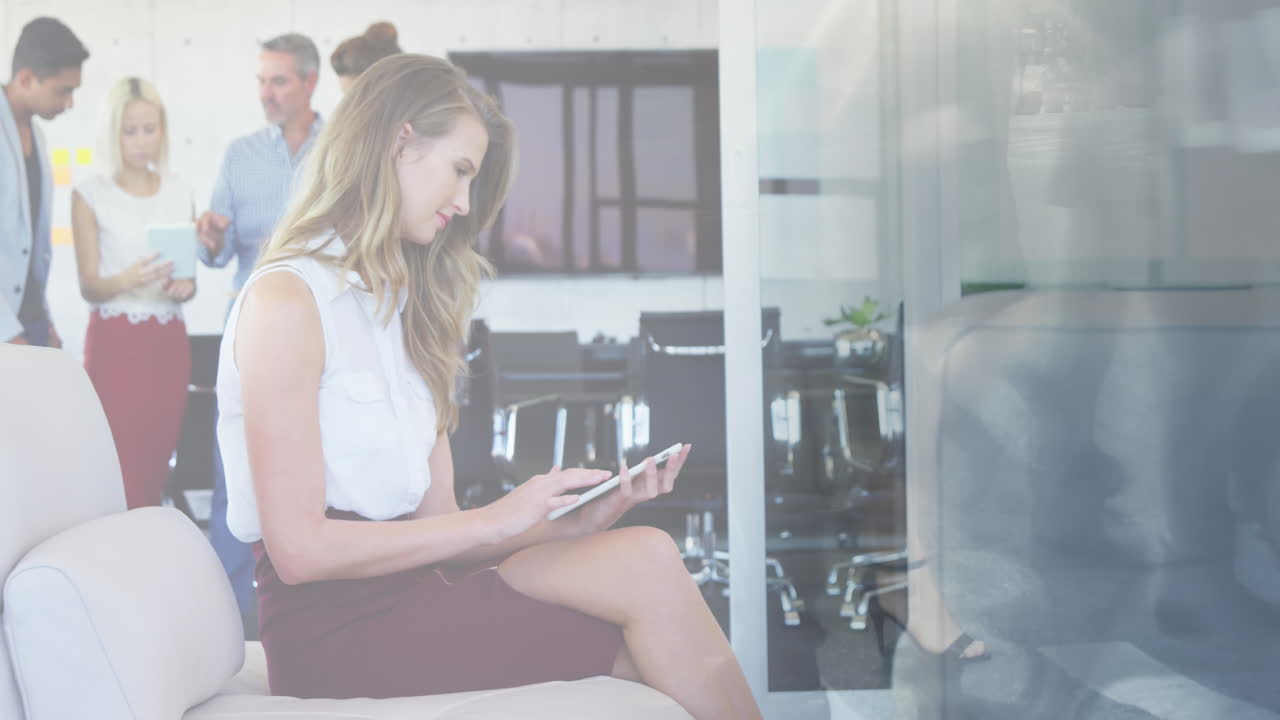 Animation of caucasian businesswoman using tablet over people walking and cityscape