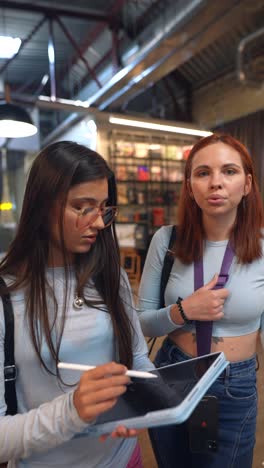 dos mujeres discutiendo en una tableta en un espacio moderno