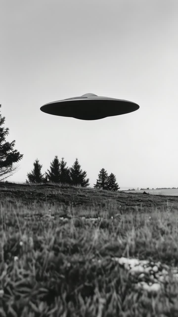 Black and white video still of a UFO hovering above a grassy field, captured from a low angle