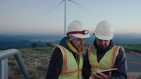 male and female engineers working with tablet at wind power plant