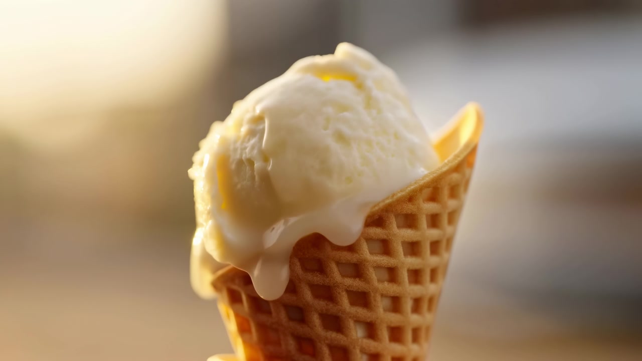 Uma única bola de sorvete de baunilha pálida em um crocante cone de waffle com gotejamento de derretimento visível ao longo da borda do cone, sulcos cremosos na superfície, fissuras rasas, realces brilhantes, contraluz dourada quente, desfoque suave e