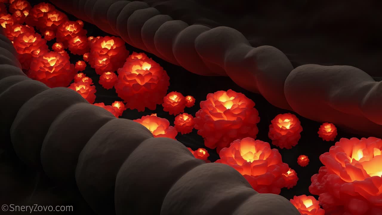A Breathtaking Visualization of Microscopic Structures with Vibrant Red Flowers, Suggesting Intricate Biological Processes in a Cellular Environment of Tubular Shapes and Textures