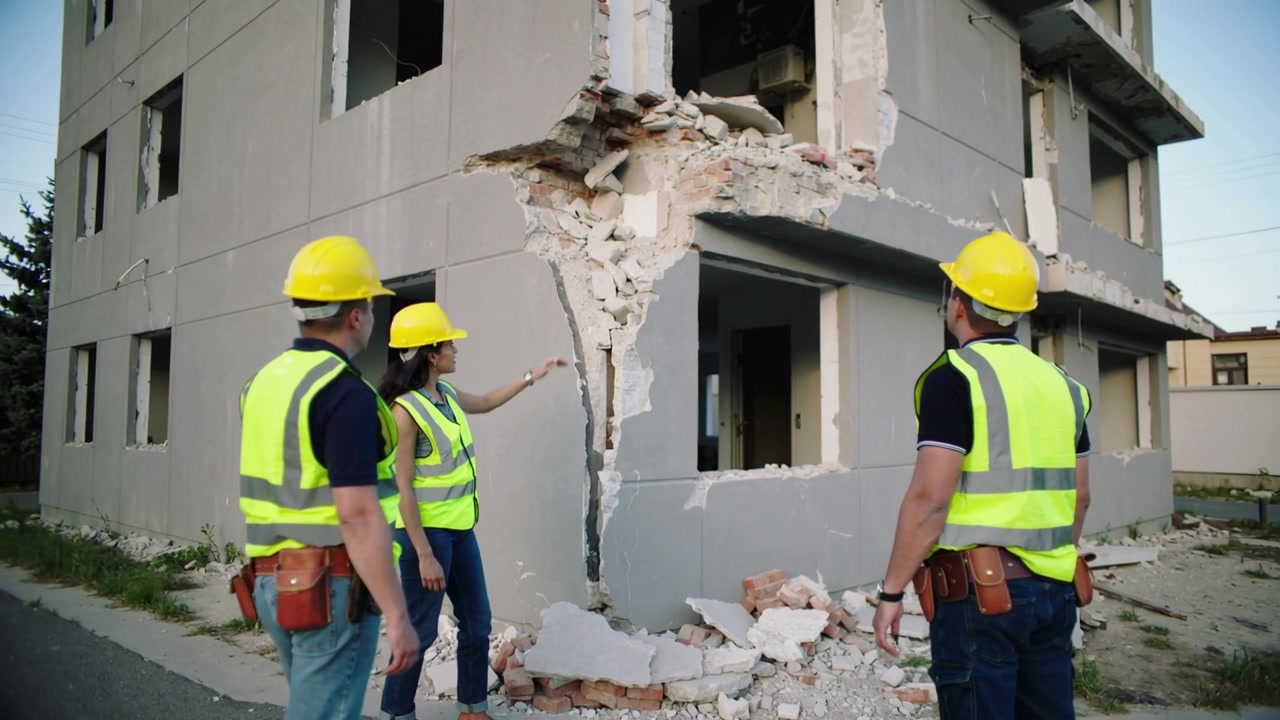 Noticing crack, three workers assessing damage at building corner pointing in hard hats near rubble