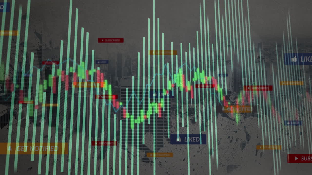 Translucent bars rising while colorful candlestick graph weaving in flat design skyline dashboard