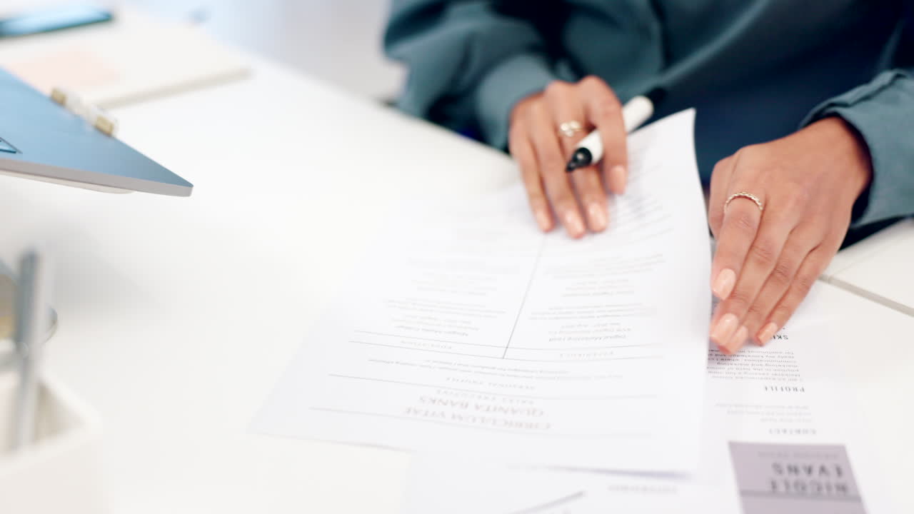 Hands, writing and cv with paper