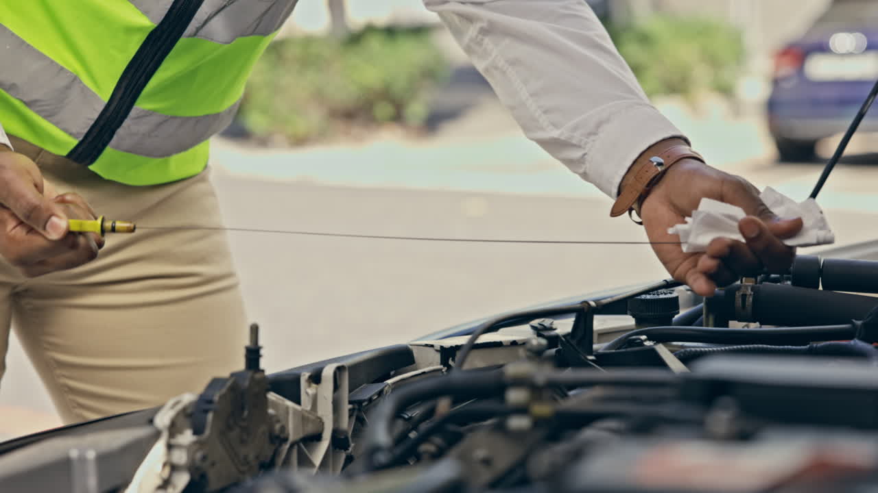 cambio de aceite, problemas con el coche y manos de hombre trabajando