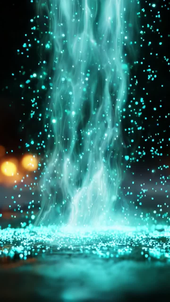 A mesmerizing cascade of ethereal water glows with enchanting turquoise light, creating a captivating display of shimmering droplets and radiant particles as it pours gracefully onto a reflective surface