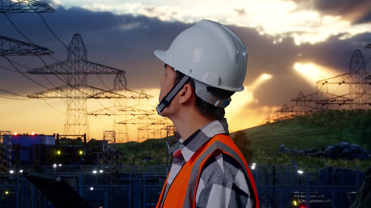 Close Up Side View Of Asian Male Engineer With Safety Helmet Looking At The Tablet In His Hand And Looking Around While Standing Near High Voltage Tower