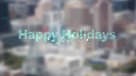 animation of christmas greetings and fireworks over out of focus cityscape in background