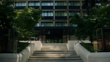 modern hotel entrance with landscaping