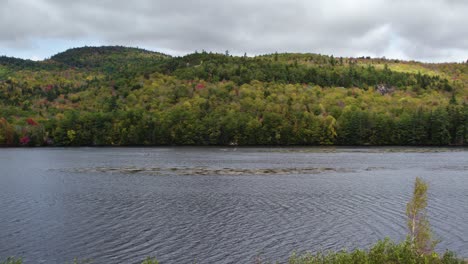 railroad track and fall foliage along androscoggin river in new hampshire, usa