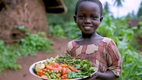 Smiling young african girl proudly showing a tray full of freshly picked vegetables from her garden, promoting healthy eating and sustainable agriculture