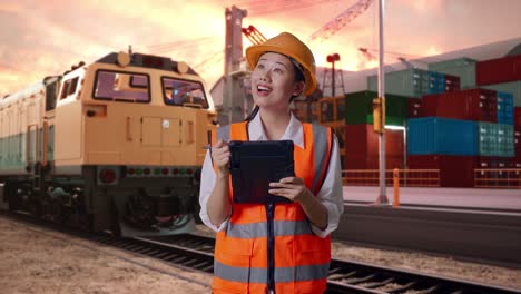 asian female engineer with safety helmet taking note on the tablet and looking around with freight cargo train at port