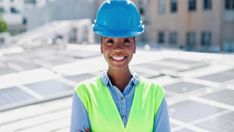 Solar-panels,-industry-and-face-of-a-young-woman