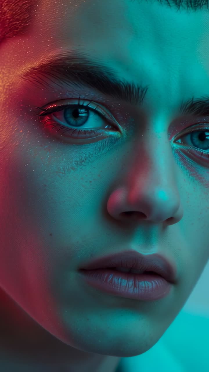 Vertical video: Camera starting recording model holding gaze in closeup, showcasing glitter makeup