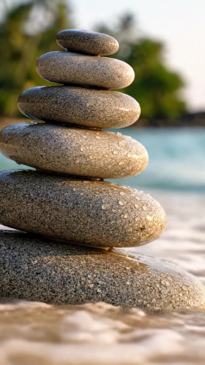 Un Sereno Atto di Equilibrio di Pietre Lisce Catturato su una Spiaggia Tranquilla, Simbolo di Armonia e Pace nella Bellezza della Natura