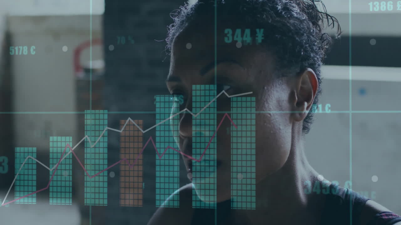 woman analyzing financial data in tech loft, displaying digital bar graphs and currency symbols