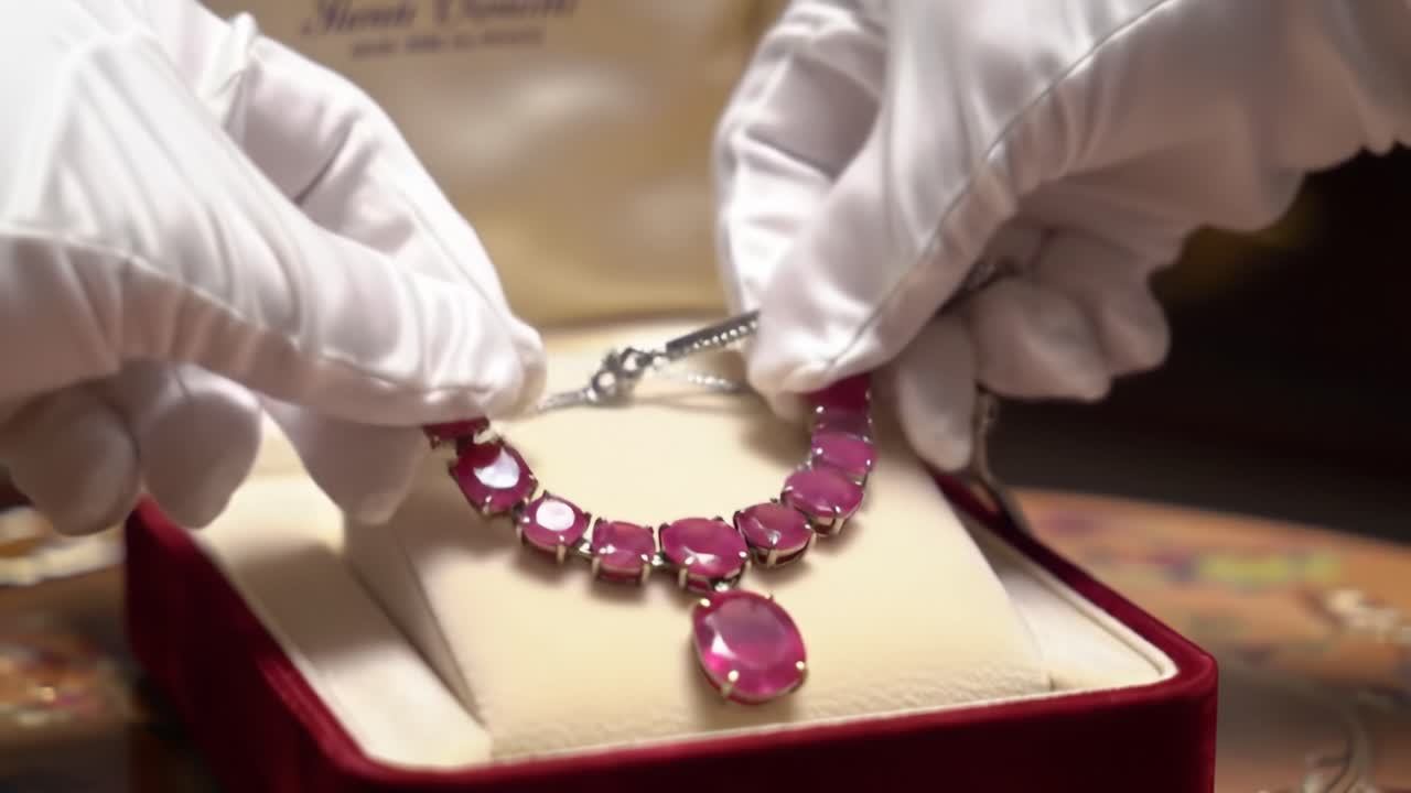 An expert jeweler examines a stunning ruby necklace in a luxurious setting. The detailed craftsmanship and vibrant gemstones generate excitement among collectors during this exclusive appraisal.