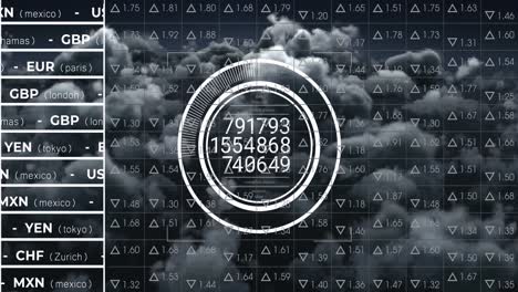 Animation-of-changing-numbers-in-circles-with-currency-names-over-trading-board-against-dense-clouds