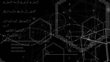 Animation-of-mathematical-equations-over-dna-structure-and-hexagonal-shapes-on-black-background