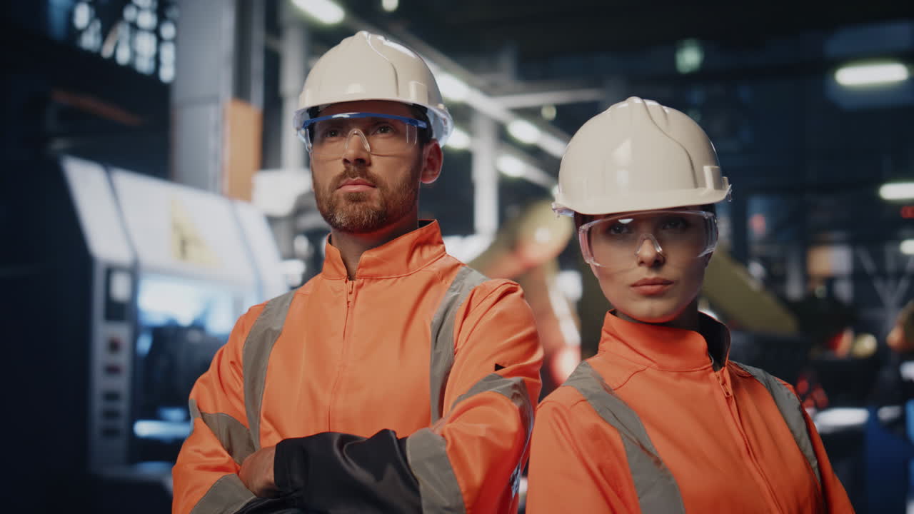 Couple factory technicians portrait at industrial production in uniform close up