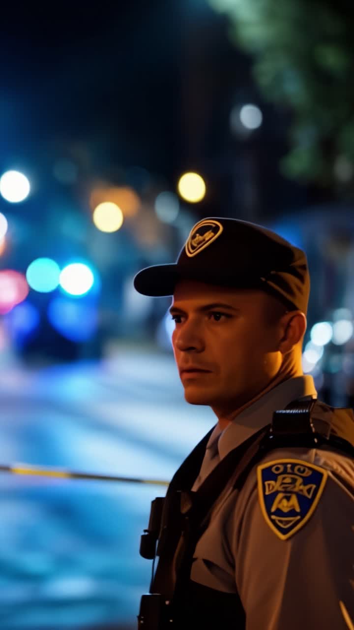 Un Ufficiale che Osserva una Scena di Notte: Un Primo Piano della Schiena di un Agente di Polizia con un'Attenzione alle Luci Bokeh e un'Atmosfera Calma ma Attenta