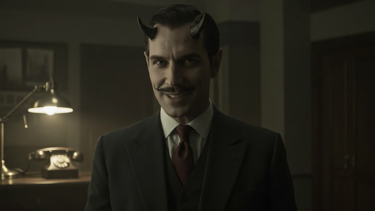 A Mysterious Figure with Horns and a Charming Grin Captures Attention in an Elegantly Dim Office Setting, Blending Humor and Darkness with a Dapper Look