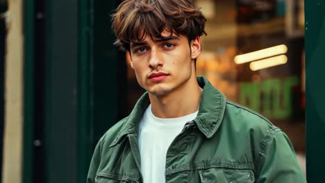 a young man wearing a green jacket and a white t-shirt