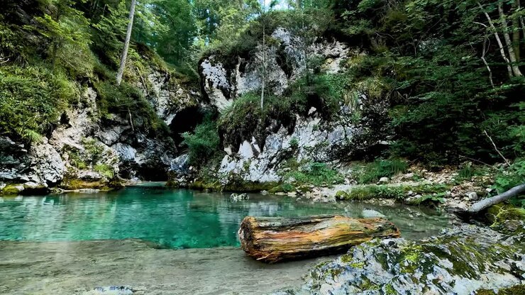 A serene forested stream in Italy, captured in daylight, showcasing vibrant turquoise waters, rugged rock formations, and lush greenery, creating a peaceful and natural ambiance