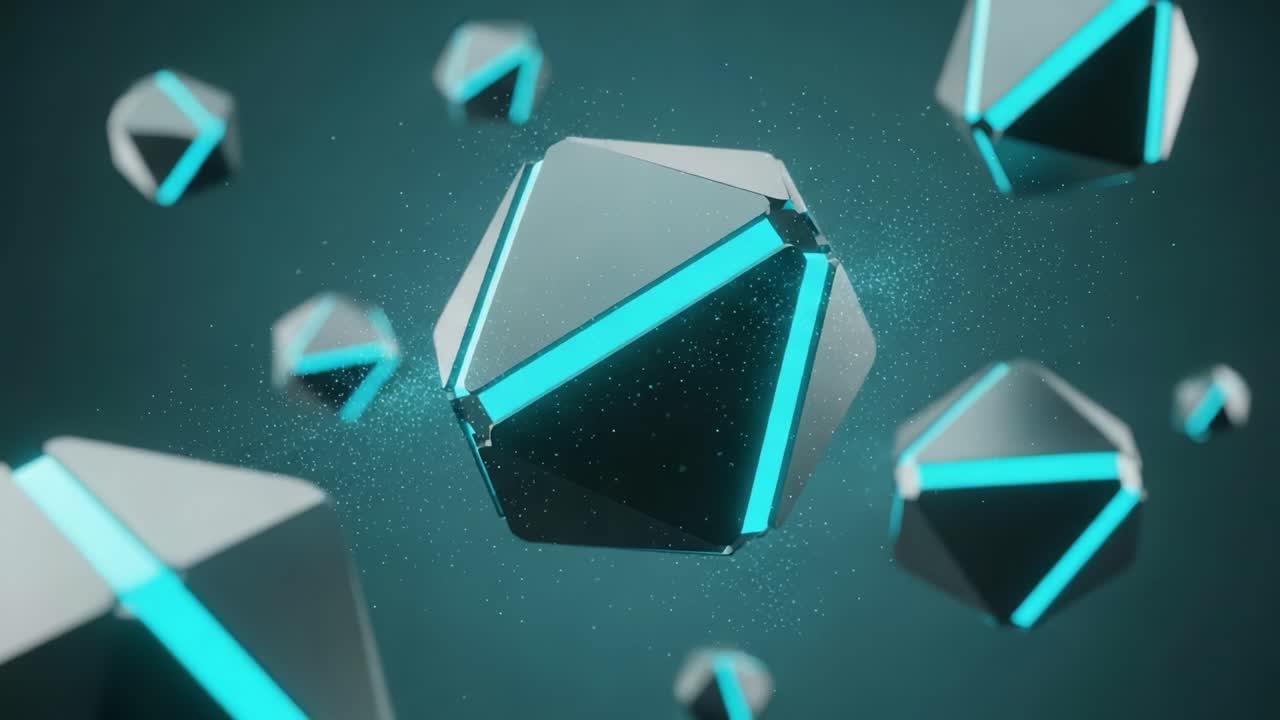 A Captivating Display of Floating Geometric Shapes with Luminous Blue Accents Against a Soft Gradient Background, Creating a Futuristic Atmosphere and Visual Depth.