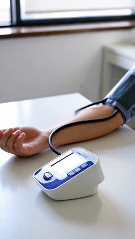 person measuring blood pressure with a digital monitor
