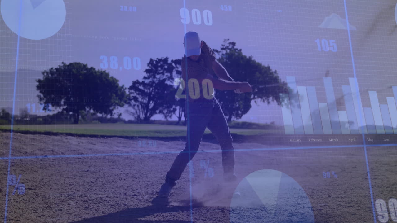 Swinging bat, baseball player with financial data charts animation in background