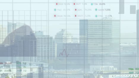 animation of statistical and stock market data processing against aerial view of cityscape