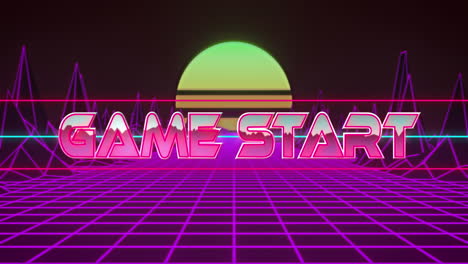 animation of game start text banner over grid network and metaverse structures in seamless pattern