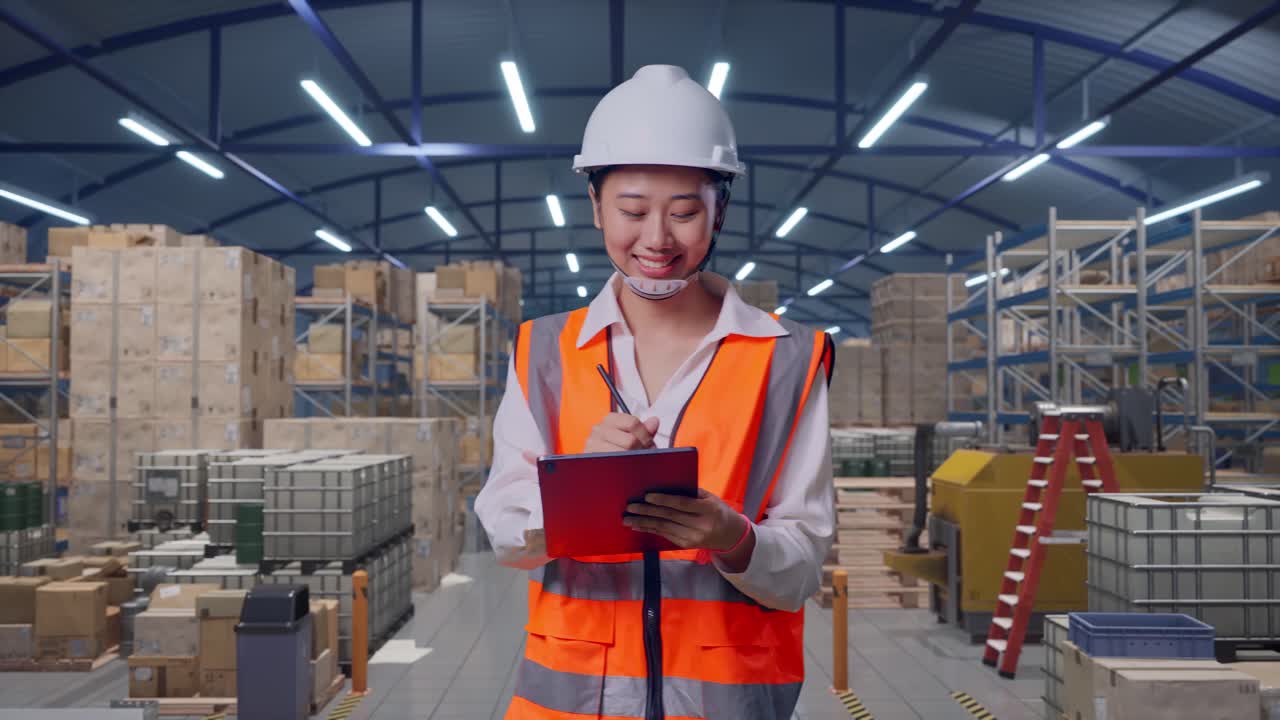 Vista frontale di un'ingegnera asiatica che prende appunti su un tablet mentre cammina in un ampio magazzino con file di scaffalature.