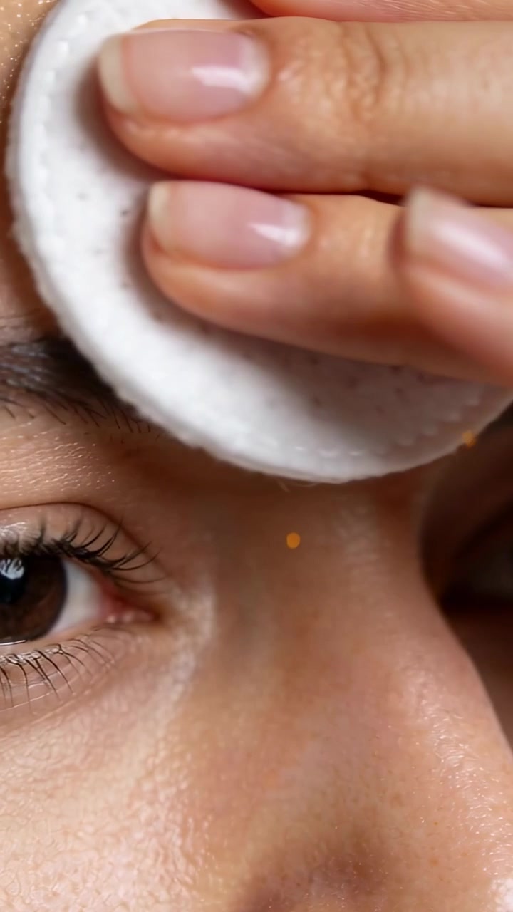 Vertical video: Wiping woman clearing shiny product from brow at vanity using pad with pale nails
