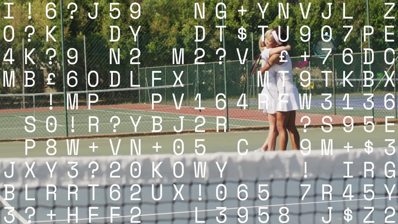 female tennis players celebrating health promotion on court, showing animated rackets and net icons