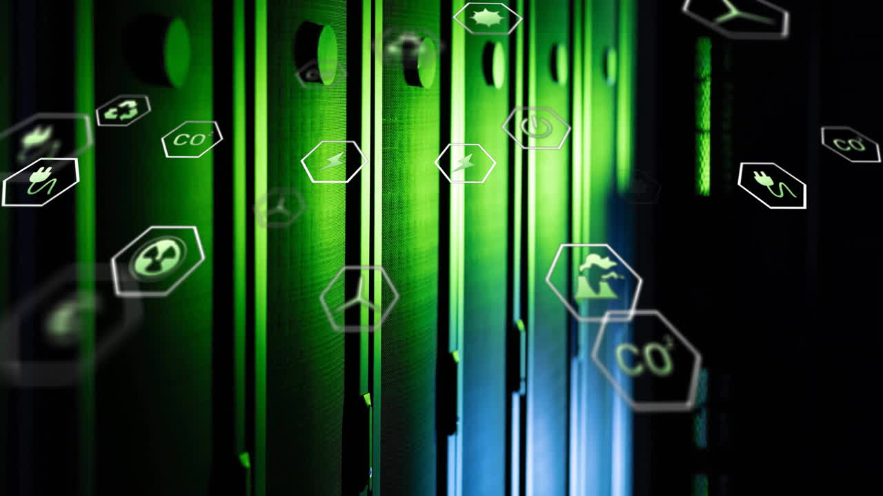 animación de iconos ecológicos y procesamiento de datos a través de servidores informáticos.